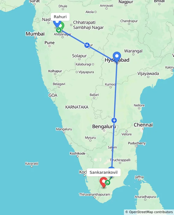 Route map showing distance and travel time from Rahuri, India to Sankarankovil, India