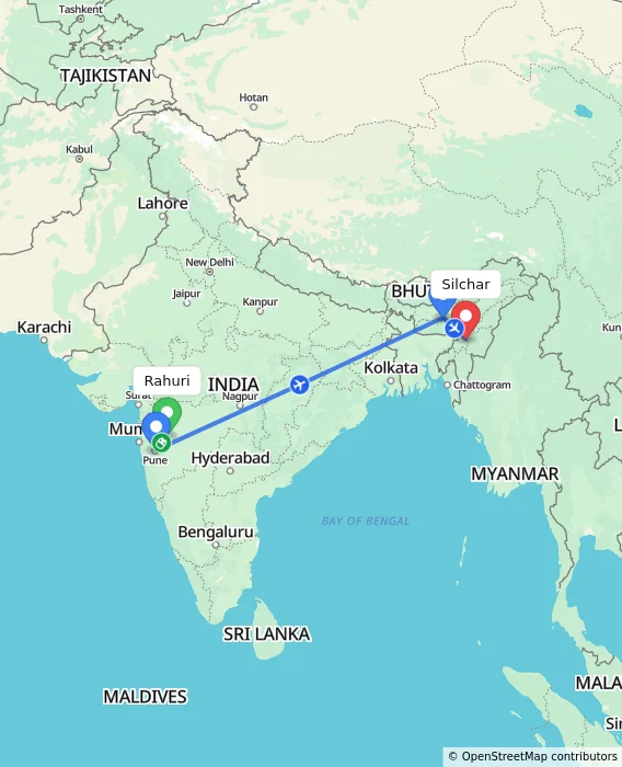 Route map showing distance and travel time from Rahuri, India to Silchar, India