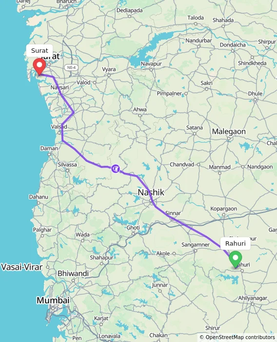 Route map showing distance and travel time from Rahuri, India to Surat, India