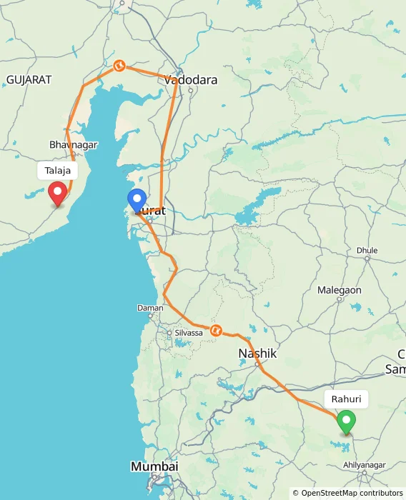 Route map showing distance and travel time from Rahuri, India to Talaja, India