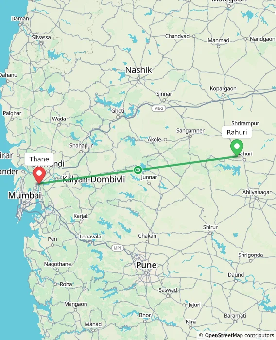 Route map showing distance and travel time from Rahuri, India to Thane, India