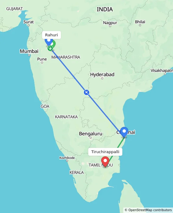 Route map showing distance and travel time from Rahuri, India to Tiruchirappalli, India