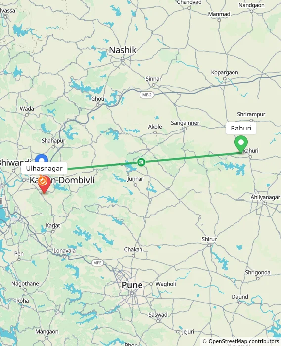 Route map showing distance and travel time from Rahuri, India to Ulhasnagar, India