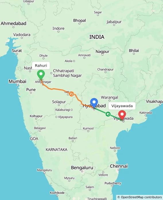 Route map showing distance and travel time from Rahuri, India to Vijayawada, India