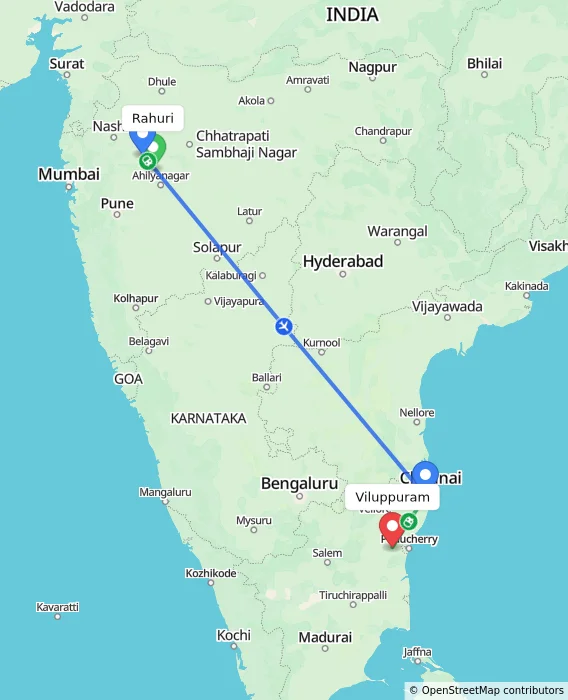 Route map showing distance and travel time from Rahuri, India to Viluppuram, India