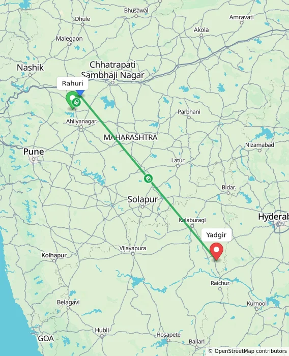 Route map showing distance and travel time from Rahuri, India to Yadgir, India