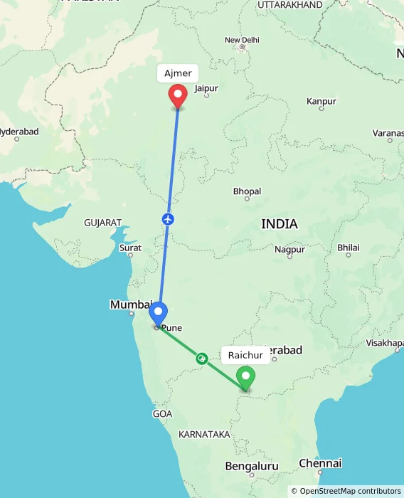 Route map showing distance and travel time from Raichur, India to Ajmer, India