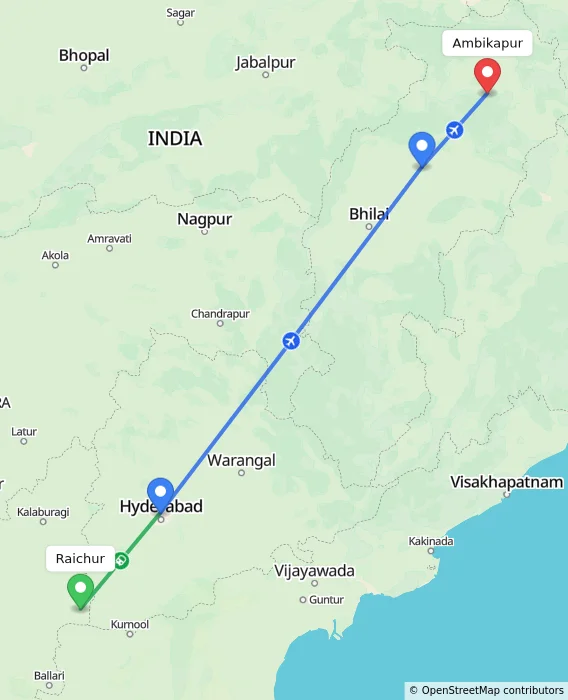 Route map showing distance and travel time from Raichur, India to Ambikapur, India