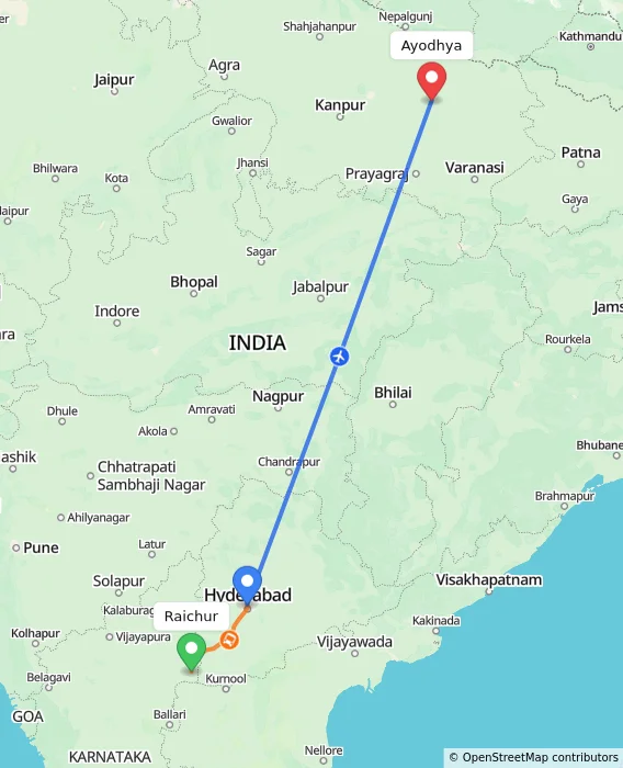 Route map showing distance and travel time from Raichur, India to Ayodhya, India