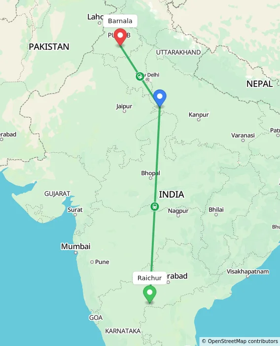 Route map showing distance and travel time from Raichur, India to Barnala, India