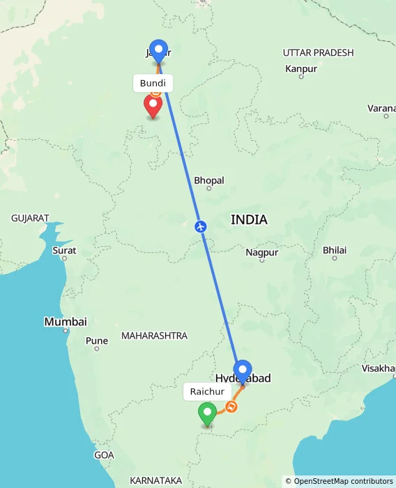 Route map showing distance and travel time from Raichur, India to Bundi, India
