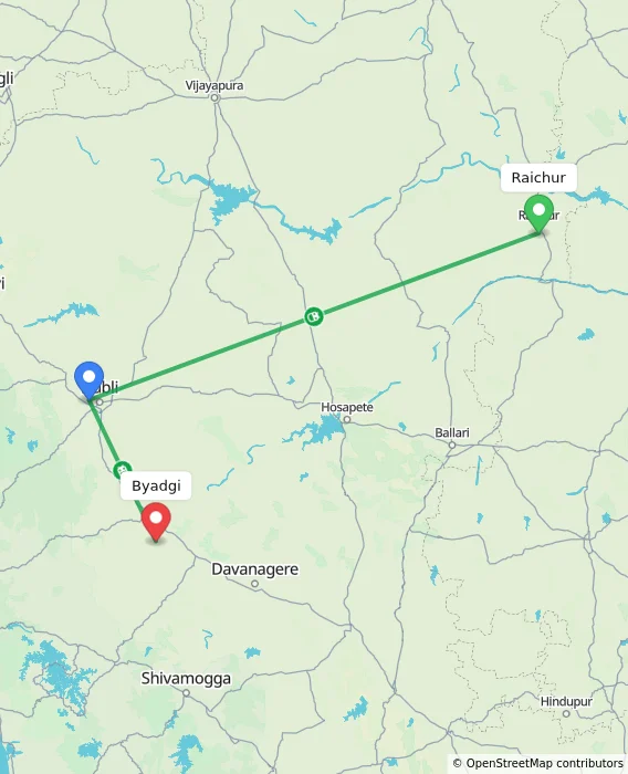 Route map showing distance and travel time from Raichur, India to Byadgi, India
