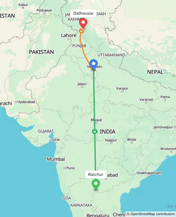 Route map showing distance and travel time from Raichur, India to Dalhousie, India