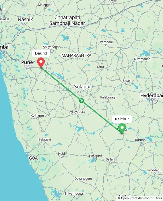 Route map showing distance and travel time from Raichur, India to Daund, India