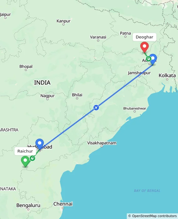 Route map showing distance and travel time from Raichur, India to Deoghar, India