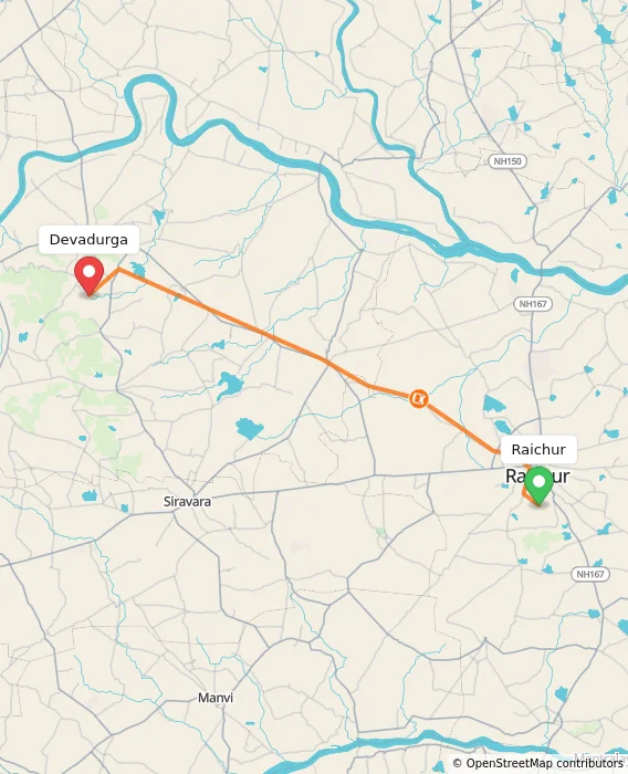Route map showing distance and travel time from Raichur, India to Devadurga, India