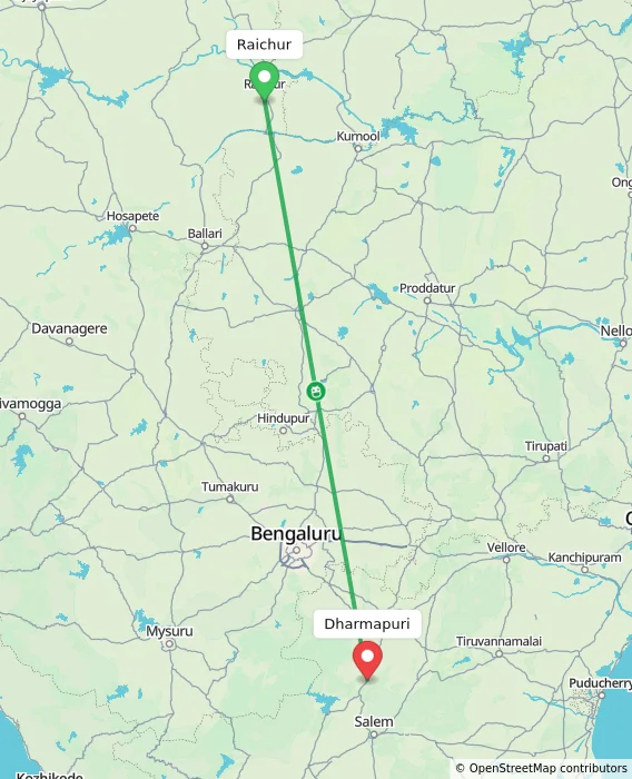 Route map showing distance and travel time from Raichur, India to Dharmapuri, India