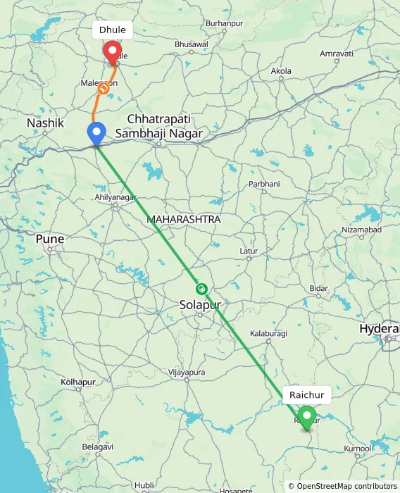 Route map showing distance and travel time from Raichur, India to Dhule, India