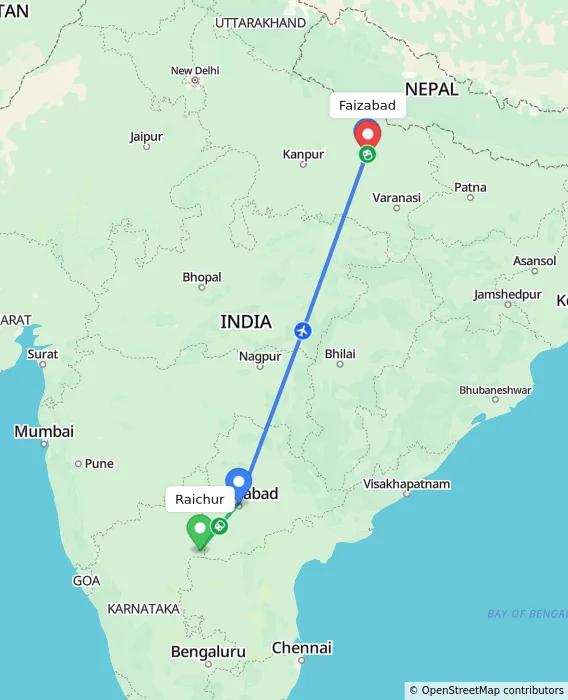 Route map showing distance and travel time from Raichur, India to Faizabad, India