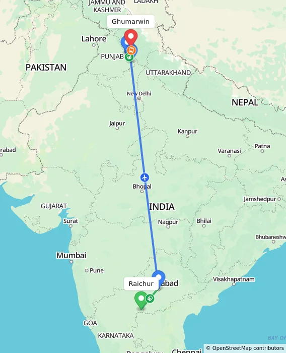 Route map showing distance and travel time from Raichur, India to Ghumarwin, India