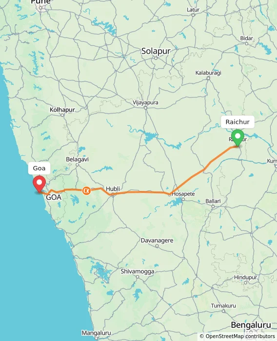Route map showing distance and travel time from Raichur, India to Goa, India