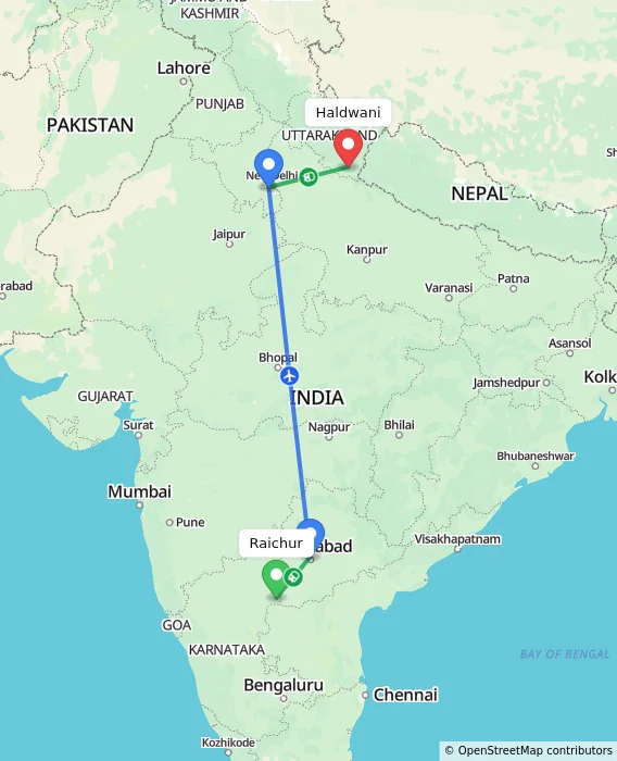 Route map showing distance and travel time from Raichur, India to Haldwani, India