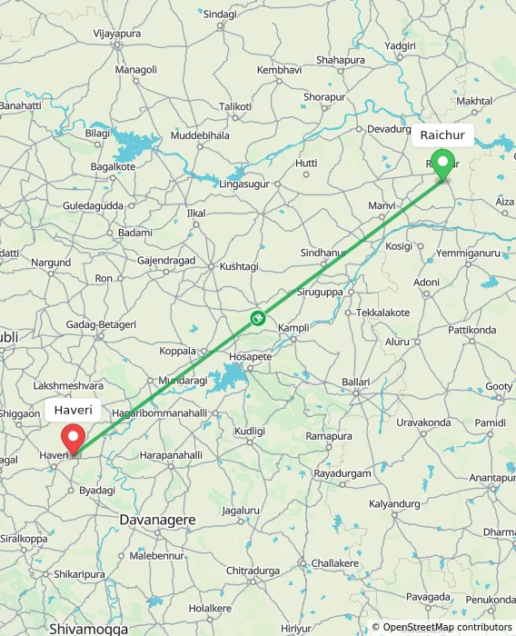 Route map showing distance and travel time from Raichur, India to Haveri, India