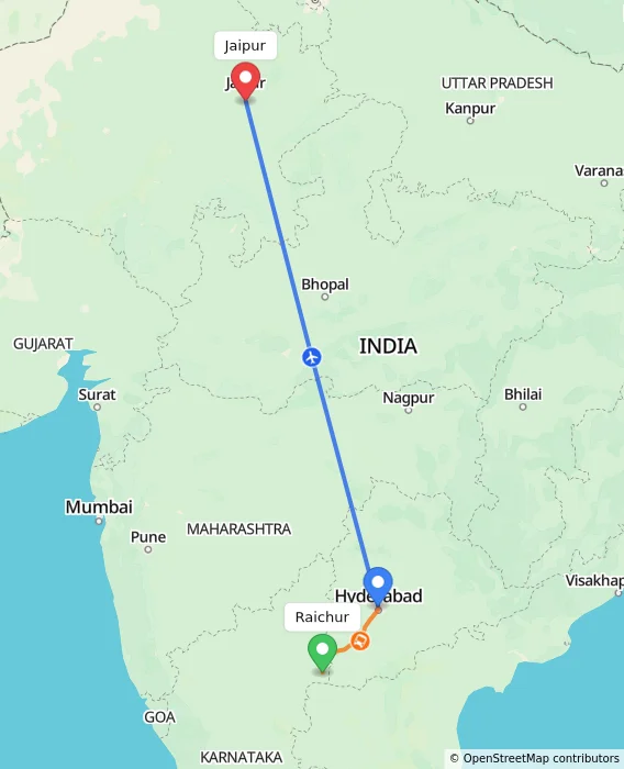 Route map showing distance and travel time from Raichur, India to Jaipur, India