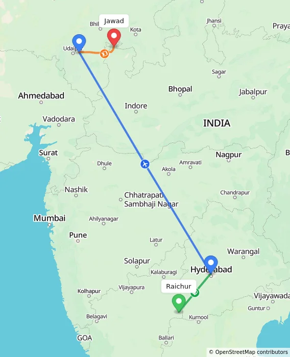 Route map showing distance and travel time from Raichur, India to Jawad, India