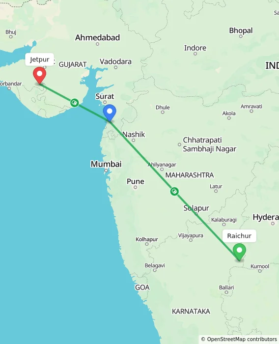 Route map showing distance and travel time from Raichur, India to Jetpur, India