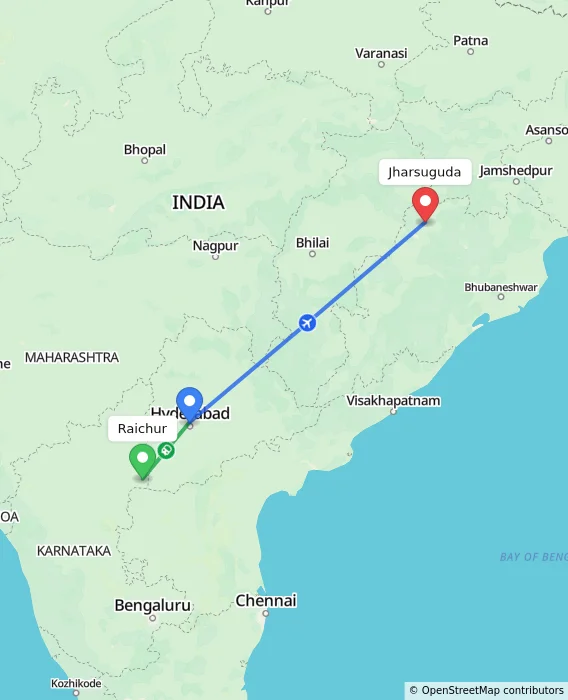 Route map showing distance and travel time from Raichur, India to Jharsuguda, India
