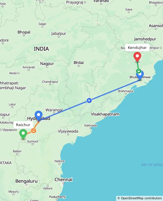 Route map showing distance and travel time from Raichur, India to Kendujhar, India