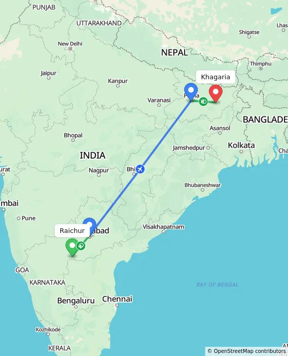 Route map showing distance and travel time from Raichur, India to Khagaria, India