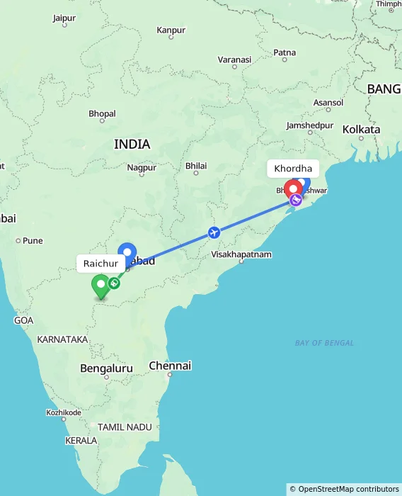 Route map showing distance and travel time from Raichur, India to Khordha, India
