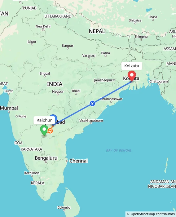Route map showing distance and travel time from Raichur, India to Kolkata, India