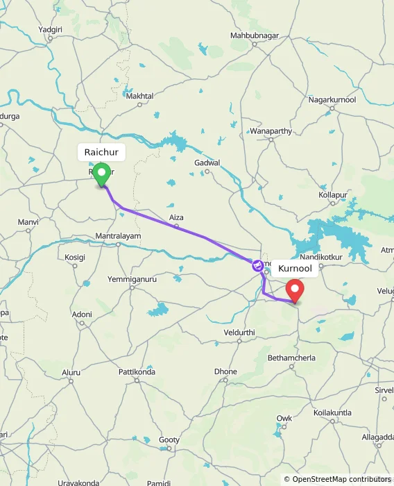 Route map showing distance and travel time from Raichur, India to Kurnool, India