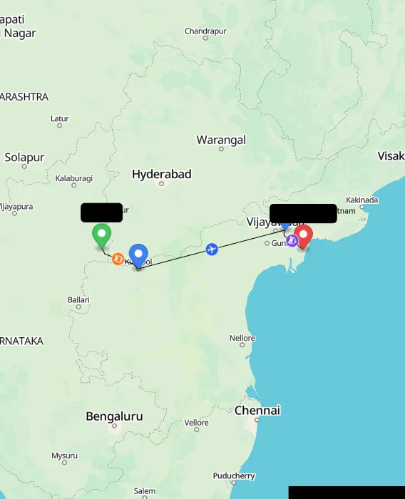 Route map showing distance and travel time from Raichur, India to Machilipatnam, India