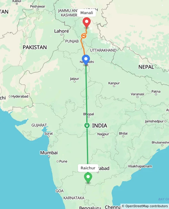 Route map showing distance and travel time from Raichur, India to Manali, India
