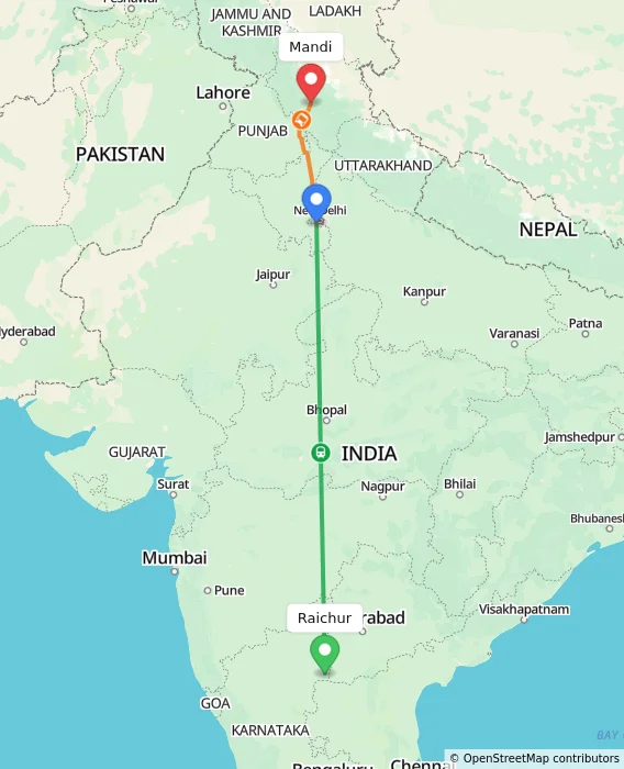 Route map showing distance and travel time from Raichur, India to Mandi, India