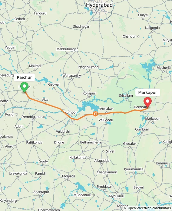Route map showing distance and travel time from Raichur, India to Markapur, India