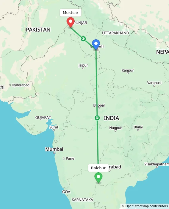 Route map showing distance and travel time from Raichur, India to Muktsar, India
