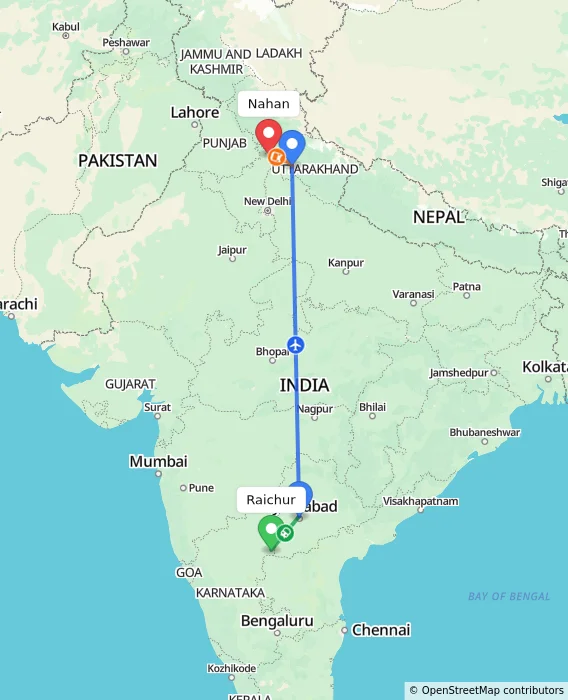 Route map showing distance and travel time from Raichur, India to Nahan, India