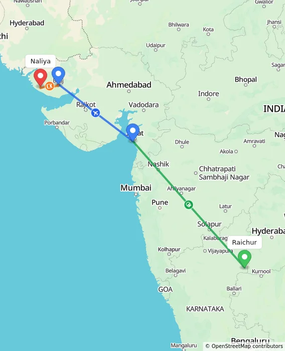 Route map showing distance and travel time from Raichur, India to Naliya, India
