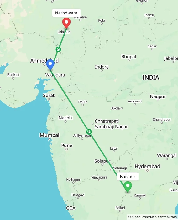 Route map showing distance and travel time from Raichur, India to Nathdwara, India