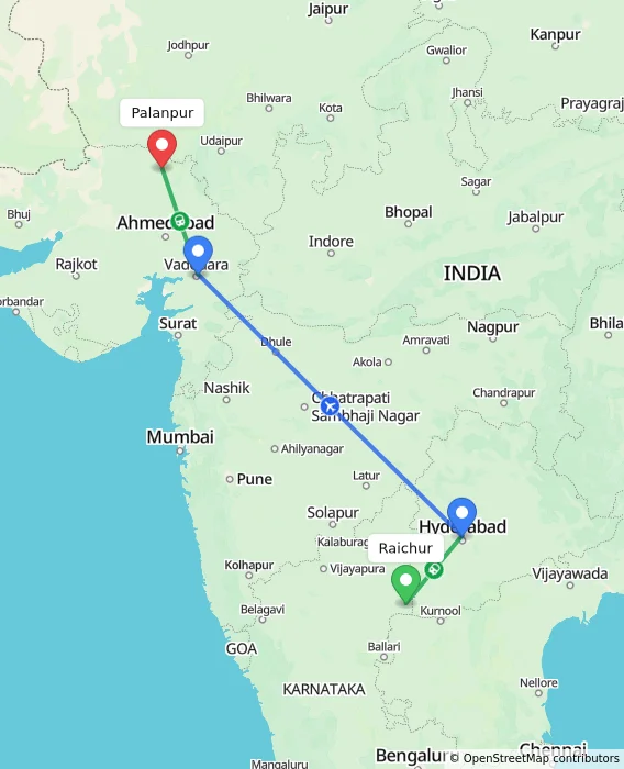Route map showing distance and travel time from Raichur, India to Palanpur, India