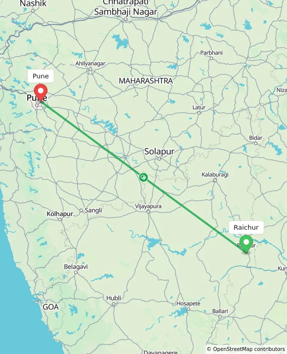 Route map showing distance and travel time from Raichur, India to Pune, India