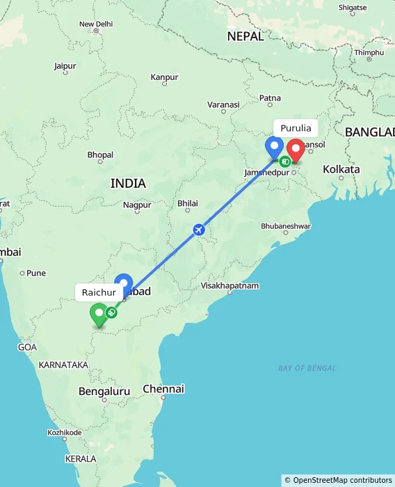 Route map showing distance and travel time from Raichur, India to Purulia, India