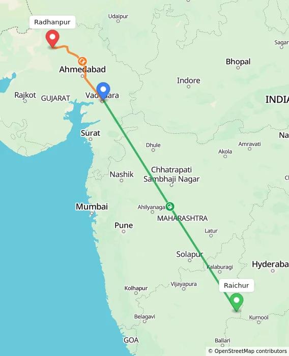 Route map showing distance and travel time from Raichur, India to Radhanpur, India
