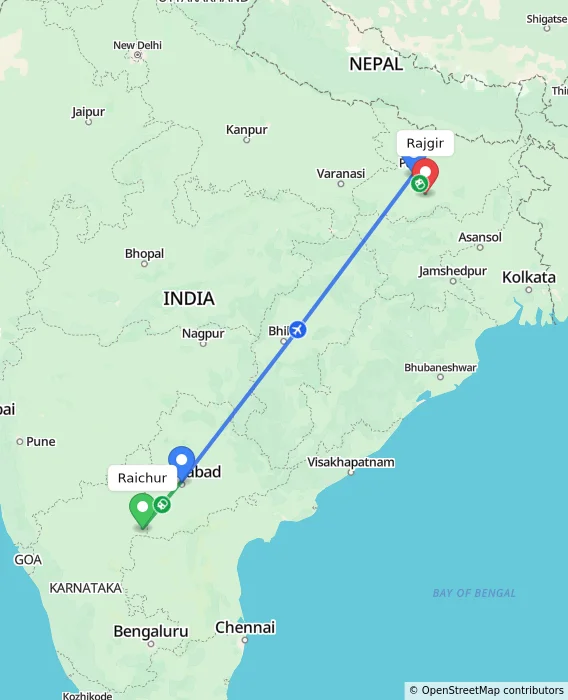 Route map showing distance and travel time from Raichur, India to Rajgir, India