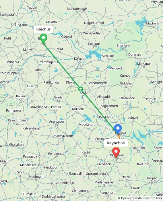 Route map showing distance and travel time from Raichur, India to Rayachoti, India